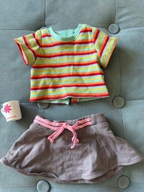 American Girl Multicolor Rainbow Stripe Knit Top with Gray Skirt and Pink Tie